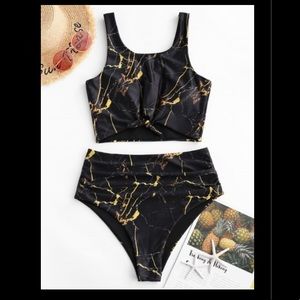 Zaful Marble Black and Gold Swimsuit Set